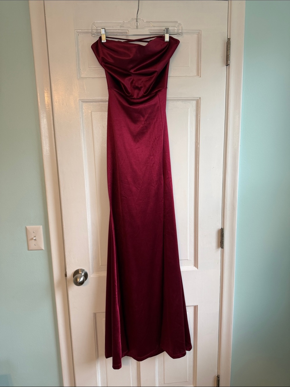Windsor Strapless Satin Prom Dress in Burgundy